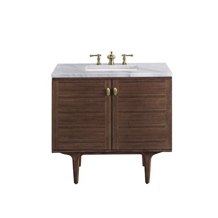James Martin Vanities Amberly 36in Single Vanity, Mid-Century Walnut w/ 3 CM Carrara Marble Top 670-V36-WLT-3CAR